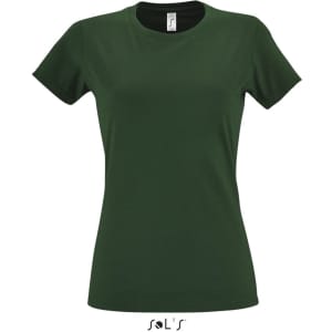 A women's round neck T-shirt in dark green with a branded label inside the neckline.