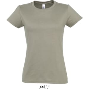 A women's round neck T-shirt in a muted green colour, featuring a logo at the neck.
