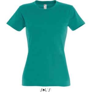 A turquoise women's round neck T-shirt with a fitted design and short sleeves. It has a logo at the neckline.
