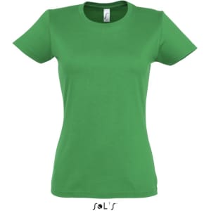 A green women's round neck T-shirt with a fitted design and a brand logo.