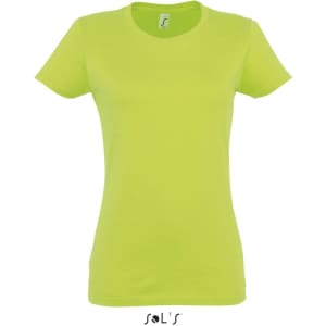 A women's round neck T-shirt in bright lime green with a fitted style and a brand logo.