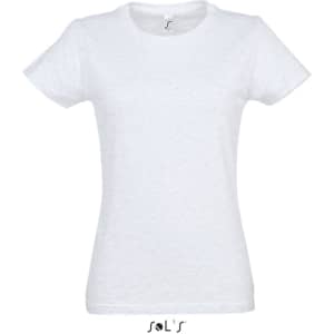 A white women's round neck T-shirt featuring a fitted design and a logo at the bottom.