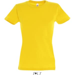 A women's round neck T-shirt in bright yellow, featuring a fitted style and a branding logo.