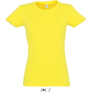 A women's round neck T-shirt in bright yellow, featuring a fitted design and logo branding.