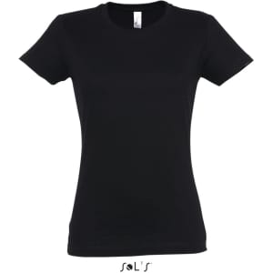 A black women's round neck t-shirt with a fitted silhouette and a small logo on the label.