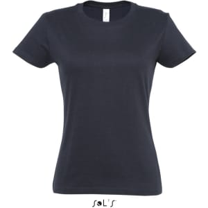 A women's round neck T-shirt in navy blue, featuring a fitted design and a small logo.