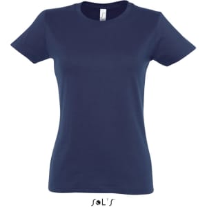 A women's round neck T-shirt in navy blue with a fitted style and short sleeves, featuring a logo at the bottom.