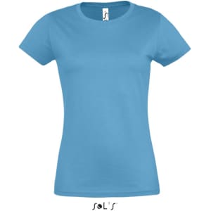 A women's round neck T-shirt in a light blue colour, featuring a fitted style and short sleeves. It has a logo at the neck.