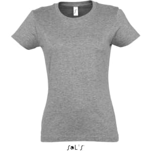 A grey women's round neck T-shirt featuring short sleeves and a branded label.