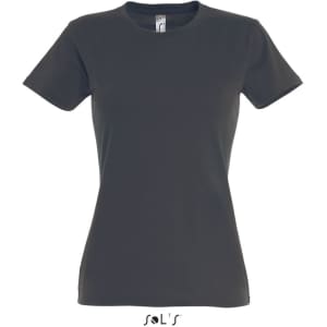 A women's round neck T-shirt in dark grey, featuring short sleeves and a logo on the neckline.