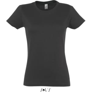 A women's round neck t-shirt in dark grey, featuring a fitted design and a logo on the tag.