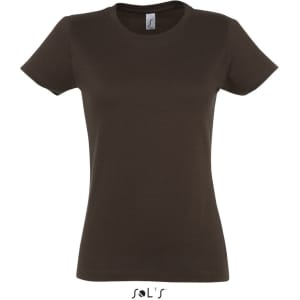 A dark brown women's round neck T-shirt featuring a fitted design and a logo on the label.