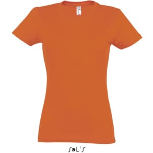 An orange women's round neck T-shirt with short sleeves, featuring a small branding label.