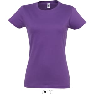 A women's round neck T-shirt in a vibrant purple colour. The shirt has a simple design and includes a logo.