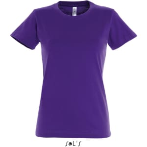 A women's round neck T-shirt in solid purple, featuring short sleeves and a brand logo.