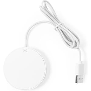 A wireless charger in white with a USB cable attached. It features a circular design.