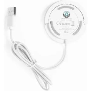 A round wireless charger in white with a USB cable attached, featuring a logo on the underside.