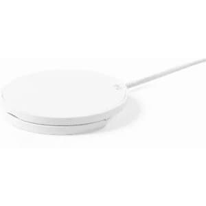 A wireless charging pad in white, featuring a circular design with a cable attached.