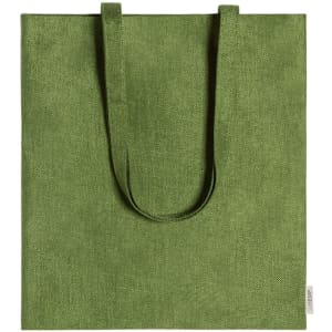 A green reusable tote bag with two sturdy handle straps, featuring a plain, textured surface.