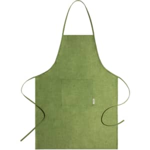 A drink bottle in a vibrant green colour, featuring a logo. The design includes a central pocket and ties.
