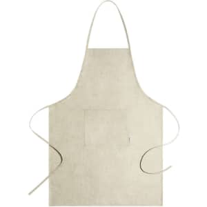 A beige apron with a front pocket and long ties for fastening, featuring a simple design and no visible branding.