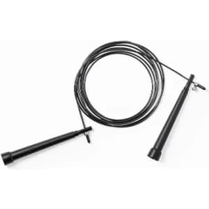 A jump rope with textured black handles and a long, flexible black cable. It features a logo on the handles.