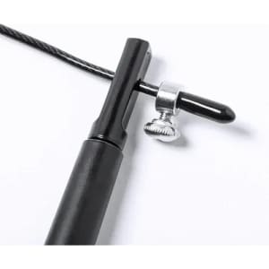A black tool with a metal attachment and a silver screw, designed for securing objects or equipment.