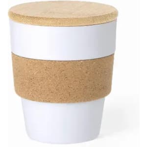 A drink bottle with a white body, cork band, and a bamboo lid. It has a modern design with natural elements.