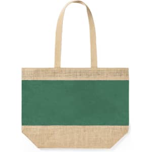 A tote bag featuring a green canvas section and a natural jute base, with two long handles for carrying.