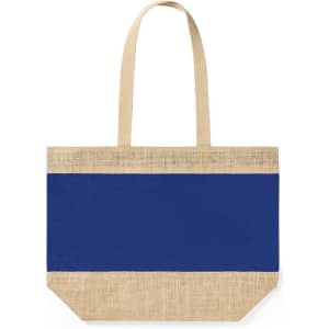 A tote bag featuring a navy blue panel with a natural jute base and long handles. It has a simple, stylish design.