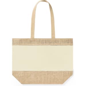 A tote bag featuring a natural beige and cream colour scheme, with a jute bottom and fabric handles.