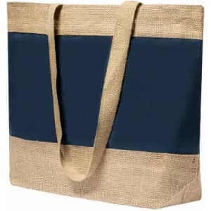 A tote bag featuring a navy blue front panel and natural jute sides, with two sturdy handles.