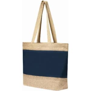 A tote bag featuring a natural jute base and a navy blue fabric section. It has sturdy, matching handles.