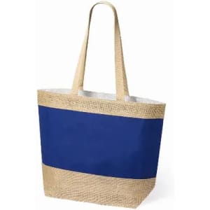 A tote bag featuring a navy blue body and a natural woven base, with two sturdy handles.