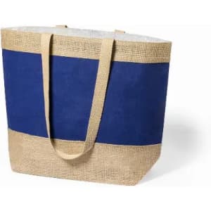 A tote bag featuring a blue fabric panel with a natural jute bottom and handles. The bag has a structured design.