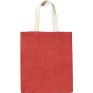 A red tote bag with a plain design and light-coloured fabric handles. It features no visible branding.