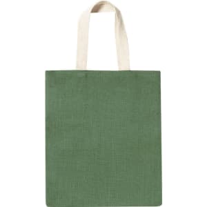 A green tote bag with cream-coloured handles, featuring a simple design and no visible branding.