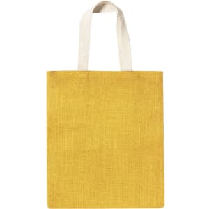 A yellow tote bag with light-coloured handles, featuring a simple, untextured design.