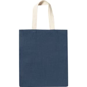 A navy blue tote bag with light coloured handles, featuring a simple design and no visible branding.