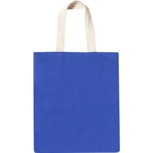 A blue tote bag with light-coloured handles, featuring a plain design and no visible branding.