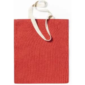 A red tote bag with cream-coloured straps and a textured surface. It features an unbranded design.