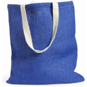 A blue tote bag with white handles, made from a textured material. It features a simple, spacious design.