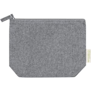 A grey zippered pouch made from fabric, featuring a tag. The design is simple and modern.