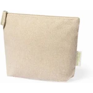 A beige zippered pouch made of fabric with a textured finish. It features a small tag on the side.