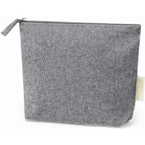 A grey zippered pouch with a textured fabric finish, featuring a small tag on the side and no visible branding.