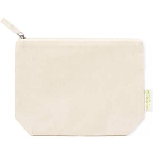 A reusable organic cotton pouch in a natural beige colour with a zip closure and a branded tag.