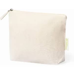 A cream-coloured pouch with a zip closure, featuring a small tag. It has a simple, minimalist design.