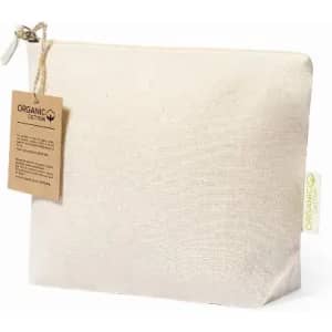 A natural-coloured pouch made from organic cotton, featuring a hanging tag with details.