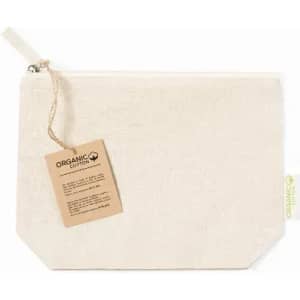 A cream-coloured pouch made of organic cotton with a zip closure and a hang tag attached.