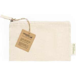 A cream-coloured pouch made of organic cotton, featuring a zipper and a tag attached.